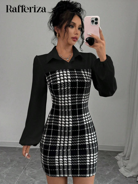 Shein Elegant Collared Patchwork Lantern Sleeve Plaid Material Dress, M +