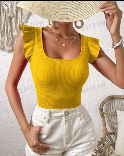 Shein Solid Color Ribbed Knit Ruffle Hem T-Shirt, M /