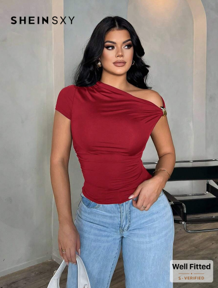 Shein Women's Sexy Elegant Minimalist Asymmetric One Shoulder Exposed Shoulder Top +