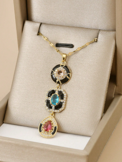 Shein 1pc Fashionable Luxurious Asymmetrical Cubic Zirconia Teardrop Square Stainless Steel Necklace>