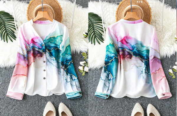 Shein Women's Long Sleeve White Tie-Dye Open Front Shirt, S +