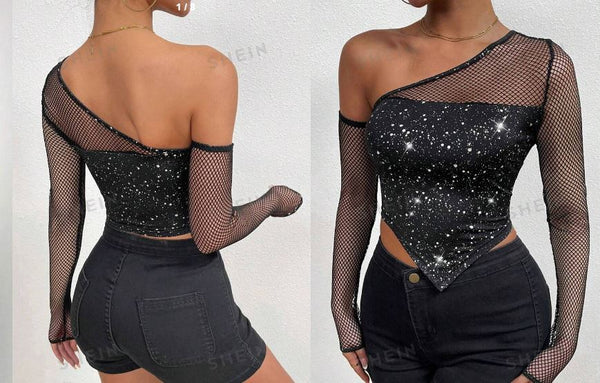 Shein Sexy Black Halter Top With Sequin Mesh Splice Cutout Sleeves, M /