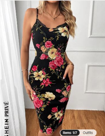 Shein Floral Print Cami Bodycon Dress */