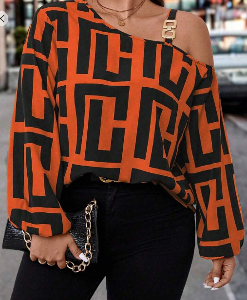 Shein Plus Geo Print Asymmetrical Neck Lantern Sleeve Blouse, 4XL +