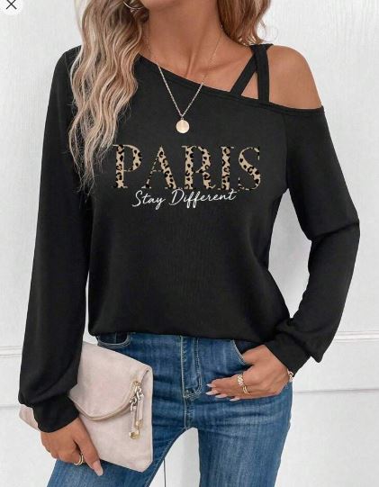 Shein Casual Leopard Paris Graphic One-Shoulder Long Sleeve T-Shirt, XL /