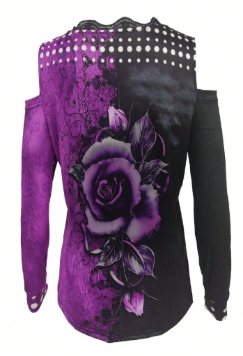 Shein New Lace Decorated V-Neck Print Open Shoulder Long Sleeve T-Shirt>