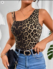 Shein Leopard Print Tank Top & Camis Asymmetric Collar Tight Plain Top >