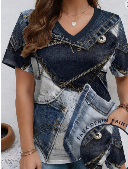Shein Patchwork Pattern Twill Texture Round Neck Short Sleeve Casual Plus Size T-Shirt>