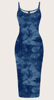 Shein Navy Blue Summer Casual Tie-Dye Print Bodycon Maxi Dress, M>