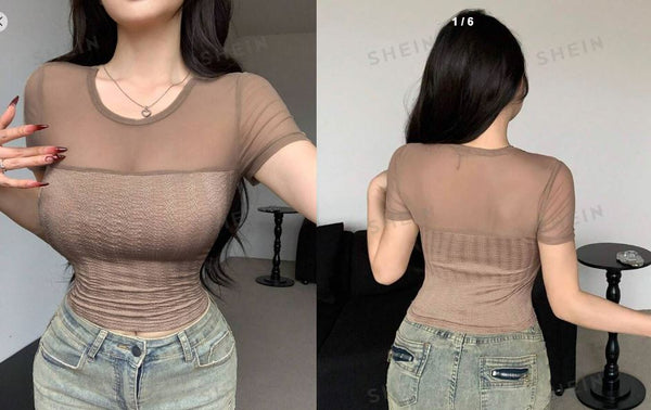 Shein Slim Fit Short Sleeve T-Shirt With Net Yarn Patchwork +