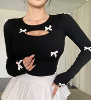 Shein Fitted T-Shirt With Bow Decor Long Sleeve Women Tops