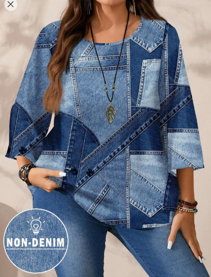 Shein Plus Size Casual Minimalist All-Over Print 3/4 Sleeve Denim Print Shirt +