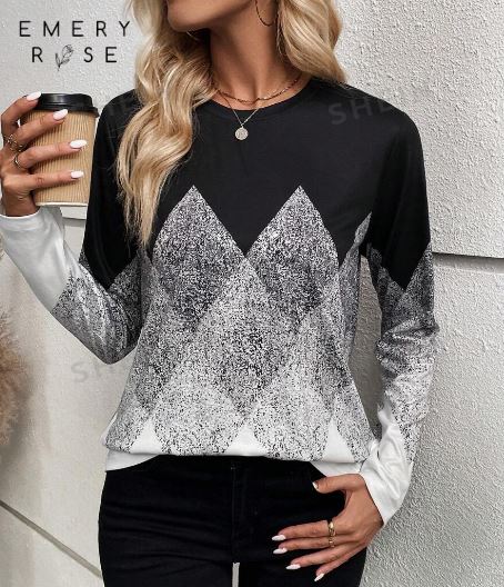 Shein Colorblocked Diamond Pattern Long Sleeve T-Shirt, M /