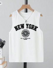 Shein Tween Boys' Casual Simple Letter Print Round Neck Tank Top, 12T -.