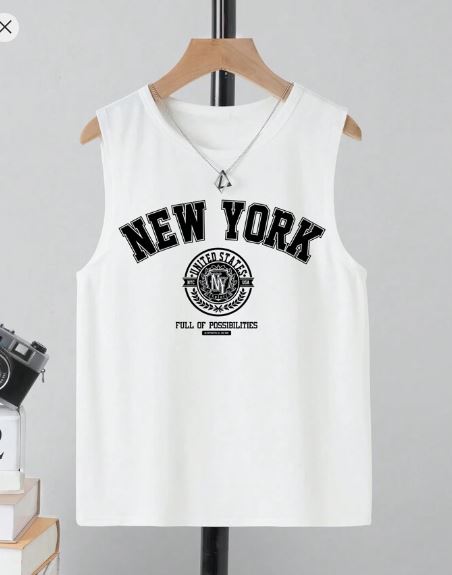 Shein Tween Boys' Casual Simple Letter Print Round Neck Tank Top, 12T -.