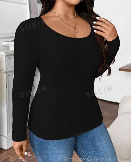 Shein Plus Size Casual Solid Color Slim Fit Long Sleeve T-Shirt, 4XL /