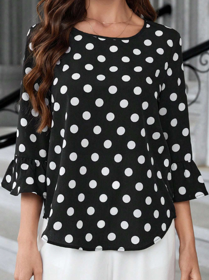 Shein Polka Dot Print Round Neck Ruffle Trim 3/4 Sleeve Loose Blouse, 1XL +