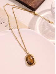 Shein 1pc Vintage Brown Natural Stone Titanium Steel Pendant Necklace (code: D1)>