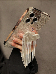 1pc Luxury Heart Design Fashion Electroplated Glitter & Rhinestone Heart Tassel Phone Case>