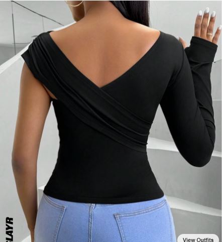 Shein Ladies' Solid Color V-Neck Slim Fit T-Shirt -.