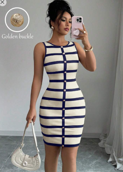 Shein Casual Fashionable Versatile Striped Fitted Sleeveless Women Mini Dress, XL +