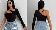 Shein SXY Solid Cut Out Asymmetrical Neck Slim Fit Top >