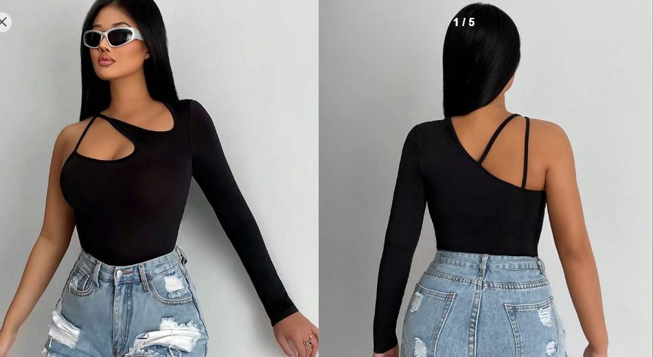 Shein SXY Solid Cut Out Asymmetrical Neck Slim Fit Top >