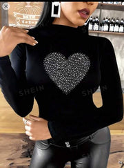 Shein Heart Shaped Print Stand Collar Long Sleeve T-Shirt >