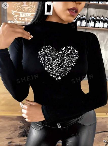 Shein Heart Shaped Print Stand Collar Long Sleeve T-Shirt >