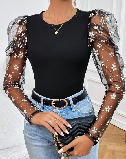 Shein Contrast Floral Mesh Gigot Sleeve Top, S -.