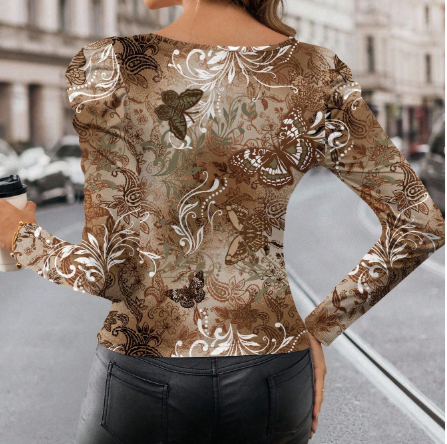 Shein  Clasi Leopard Print Brown Square Neck Long Sleeve Women T-Shirt , L -.