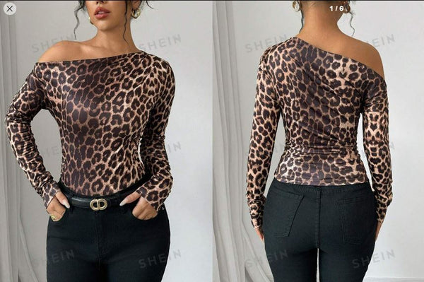 Shein Asymmetric Neckline Long Sleeve Leopard Print Ruffle T-Shirt, L +