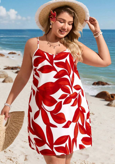 Shein Western Plant Shadow Print Spaghetti Strap V-Neck Short Loose Dress, 3XL +