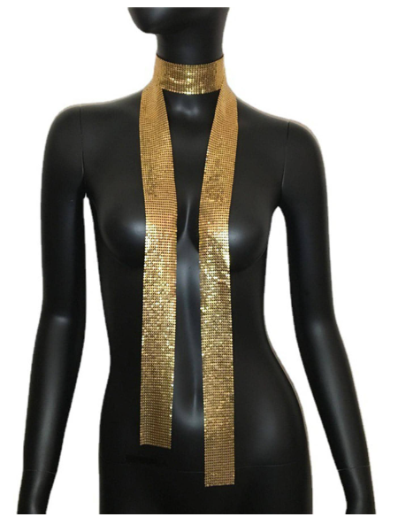 Shein 1pc Gold Metallic Mesh Sequin Shiny Nightclub Party Scarf Necktie >