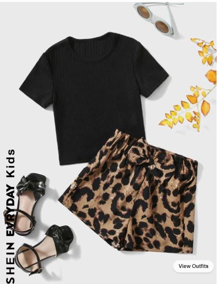 Shein Young Girl Ribbed Knit Tee & Leopard Print Shorts, 4T +