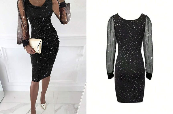 Shein Party Glitter Knitted See-Through Long Sleeve Patchwork Hooded Bodycon Mid-Length Dress, L /