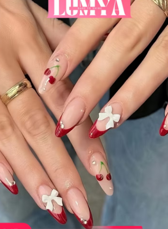 Shein 24Pcs Short Almond French Edge 3D Cherry & Bowknot Decorated False Nails Set +