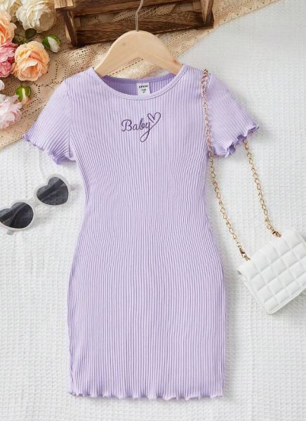 Shein Young Girl Letter & Heart Embroidery Lettuce Trim Ribbed Knit Dress,5T /