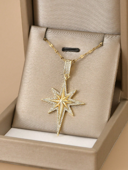 Shein 1pc Fashionable Full Rhinestone Octagram Necklace, Waterproof Stainless Steel Jewelry>