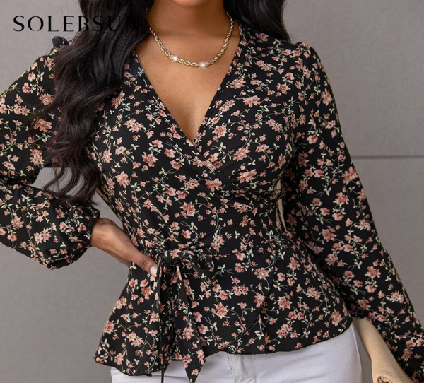 Shein Random Floral Print Belted Blouse, XXL +