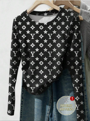 Shein Women's Casual Full-Pattern Print Long Sleeve Fitted T-Shirt, S -.