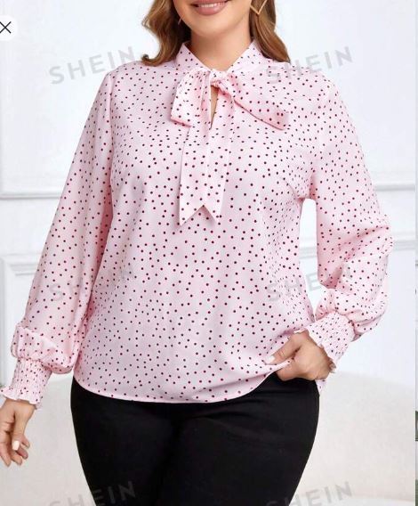 Shein Plus Size Polka Dot Print Collar Tie Spring Pink Shirt, XXL */