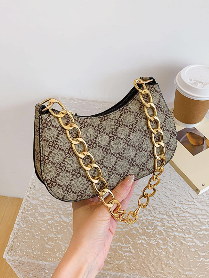 Shein Mini Geometric Pattern Chain Strap Hobo Bag Zipper>
