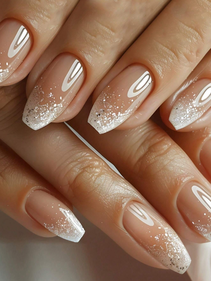 Shein French Style Silver Glitter Pattern Beauty Simple Style Fake Nails >