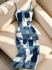 Shein Women Denim-Style Printed Fashionable Spaghetti-Strap Fitted Casual Midi Dress, XL
