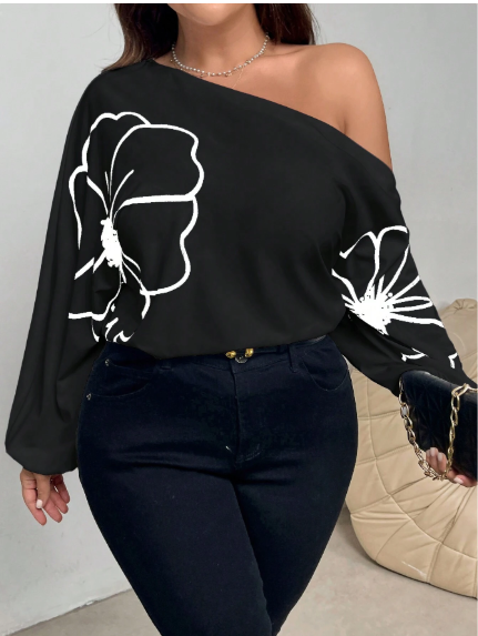 Shein Plus Size Casual Elegant Floral Print Cold-Shoulder Blouse, 1XL +