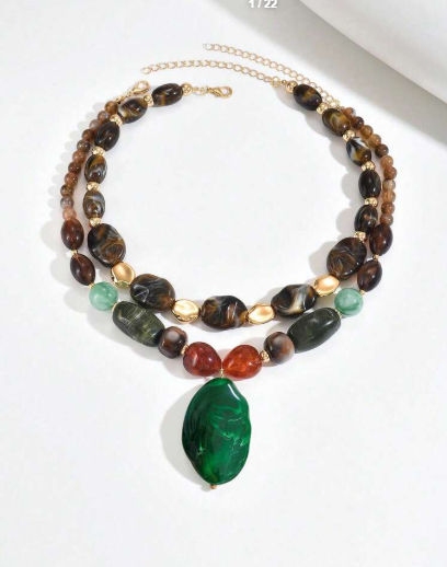 Shein 1pc Bohemian Green & Brown Resin DIY Handmade Beaded Necklace>