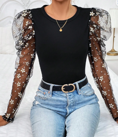 Shein Contrast Floral Mesh Gigot Sleeve Top, S -.