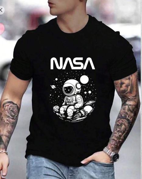 Shein Men's Astronaut And Text Printed T-Shirt, M */