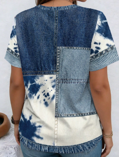 Shein Patchwork Pattern Twill Texture Round Neck Plus Size T-Shirt, 0XL -.